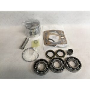 An E-Z-Go 3PG 2 Cycle Engine Rebuild Kit, featuring components like bearings, gaskets, a piston, and rings laid out on a light surface.